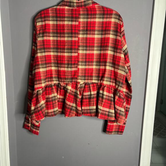 Hyfve Red Plaid Flannel Button Front Blouse With Peplum Design Size Small - Picture 6 of 7